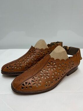 Rieker Antistress Brown Leather Laser-Cut Floral Slingback Comfort Flats EU 38